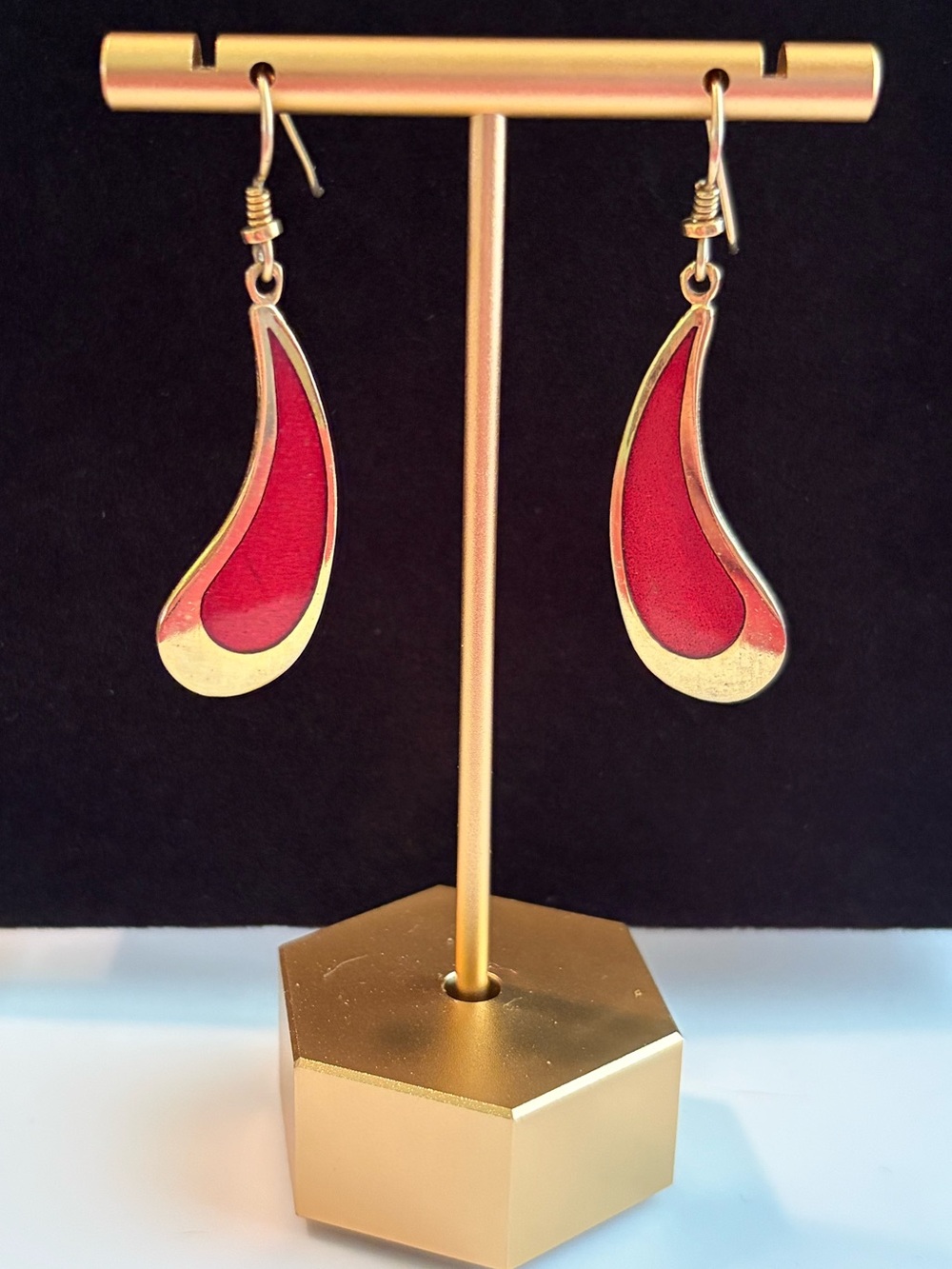 Vintage Laurel Burch Gold-Tone Red Teardrop Dangle Earrings - Women Jewelry